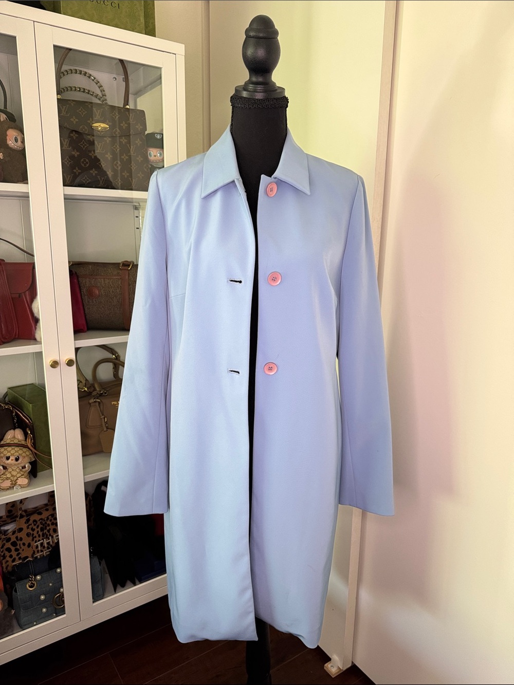 INC International Concepts Light Blue Trench Coat with Pink Buttons